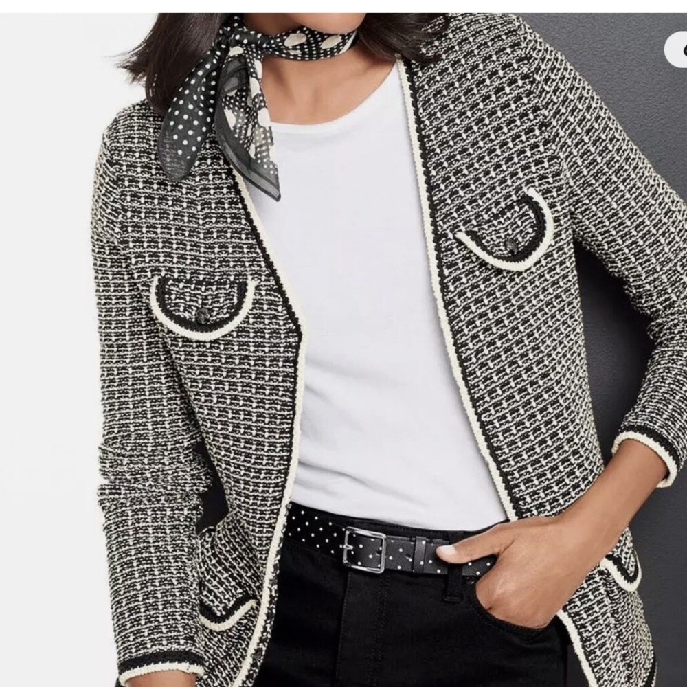 Talbots Tipped Tweed Sweater Cardigan Jacket Black White Knit  2x